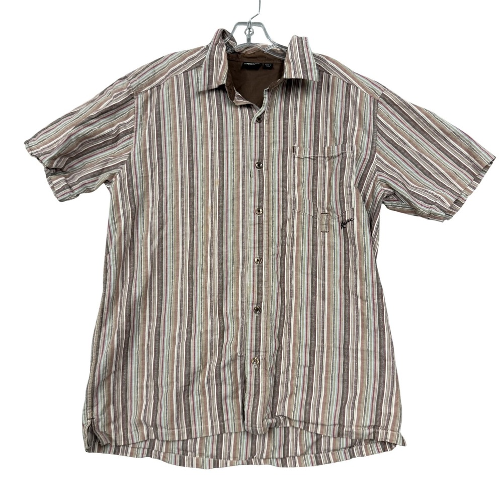 KAVU Shirt‎ Mens Large Brown Stripe Short Sleeve Button Up Linen Cotton Casual